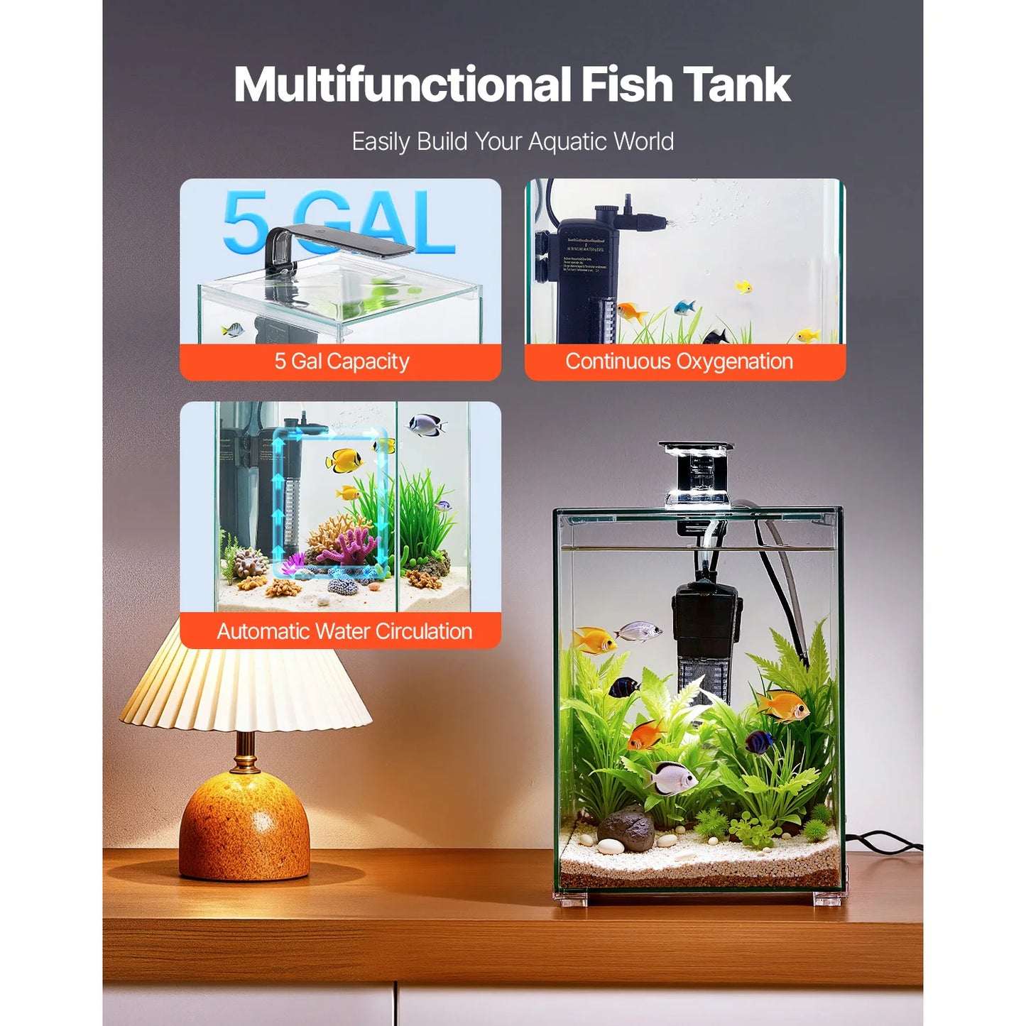 SucceBuy Aquarium Starter Tank With Adjustable 3 Color Lighting