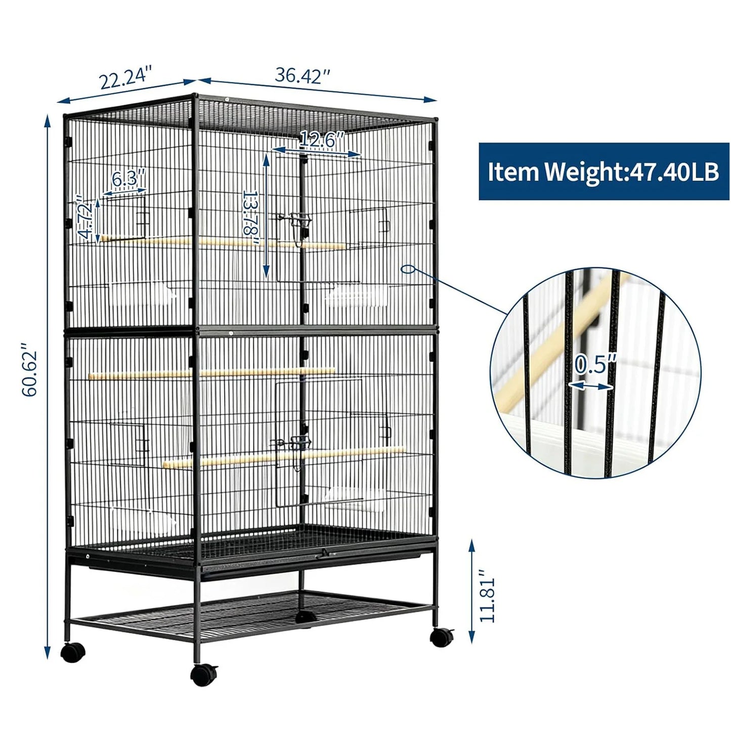 HiMISS Bird Cage With Rolling Storage Stands And Feed Bowls