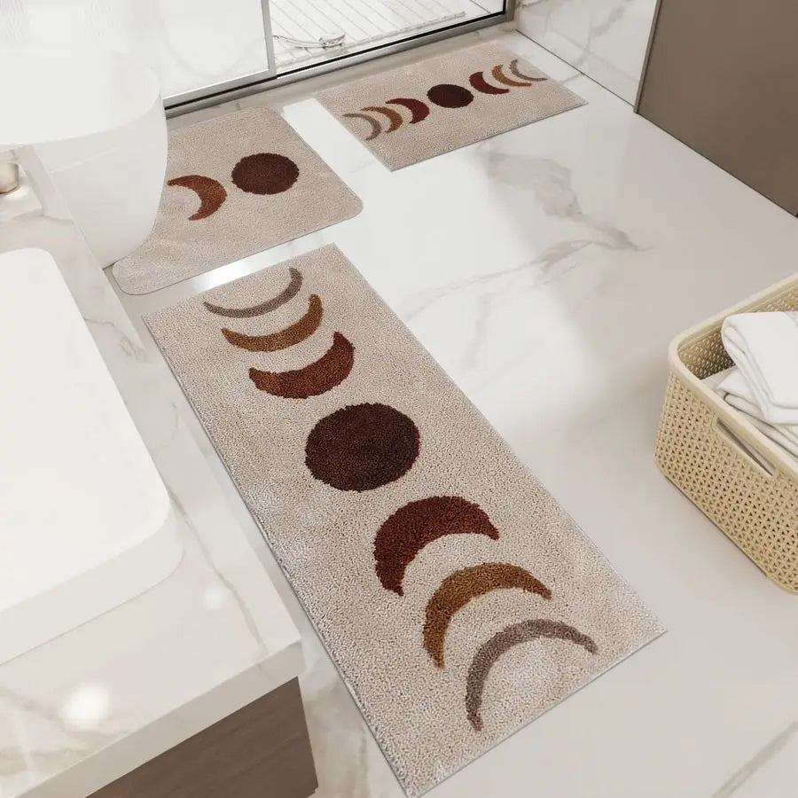 Boho 3-Piece Bath Rug Set Non-Slip Microfiber Moon Phases