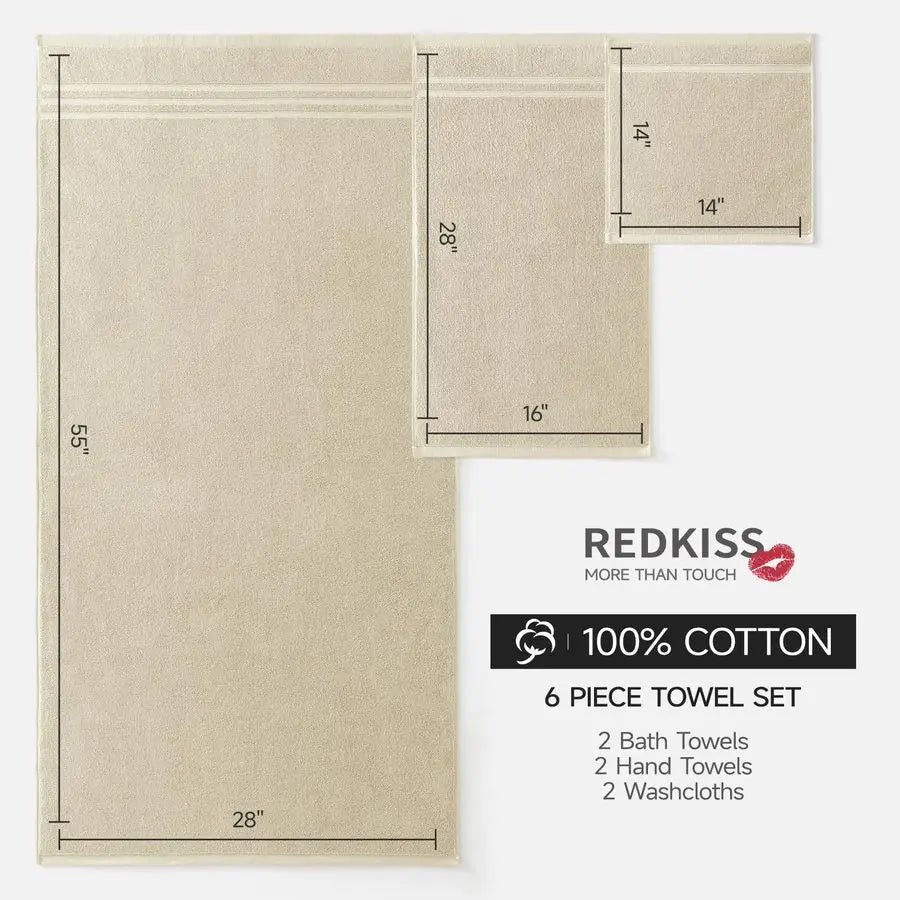 6 Piece Luxury Bath Towel Set 100 Percent Cotton Towels