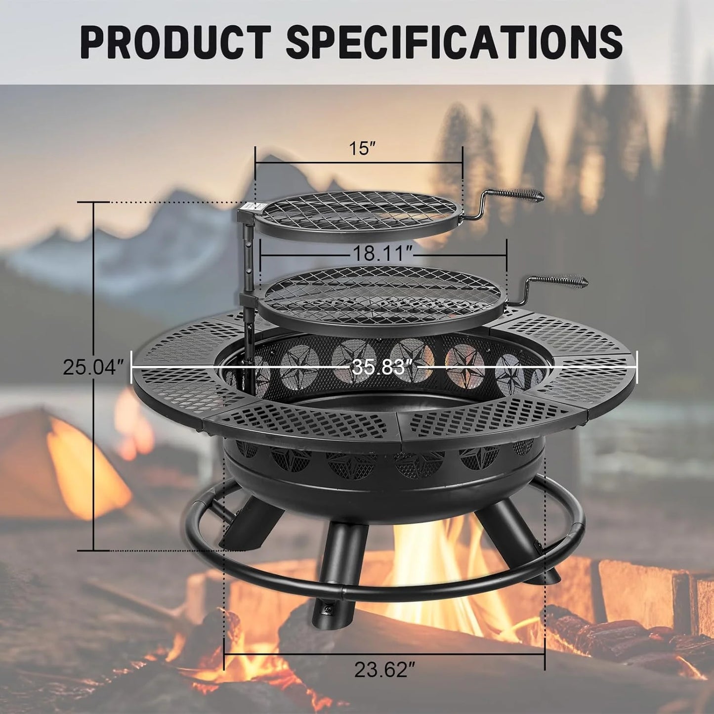 3 In 1 Outdoor Wood Burning Fire Pit With Grills And Lid For Backyard Barbecue