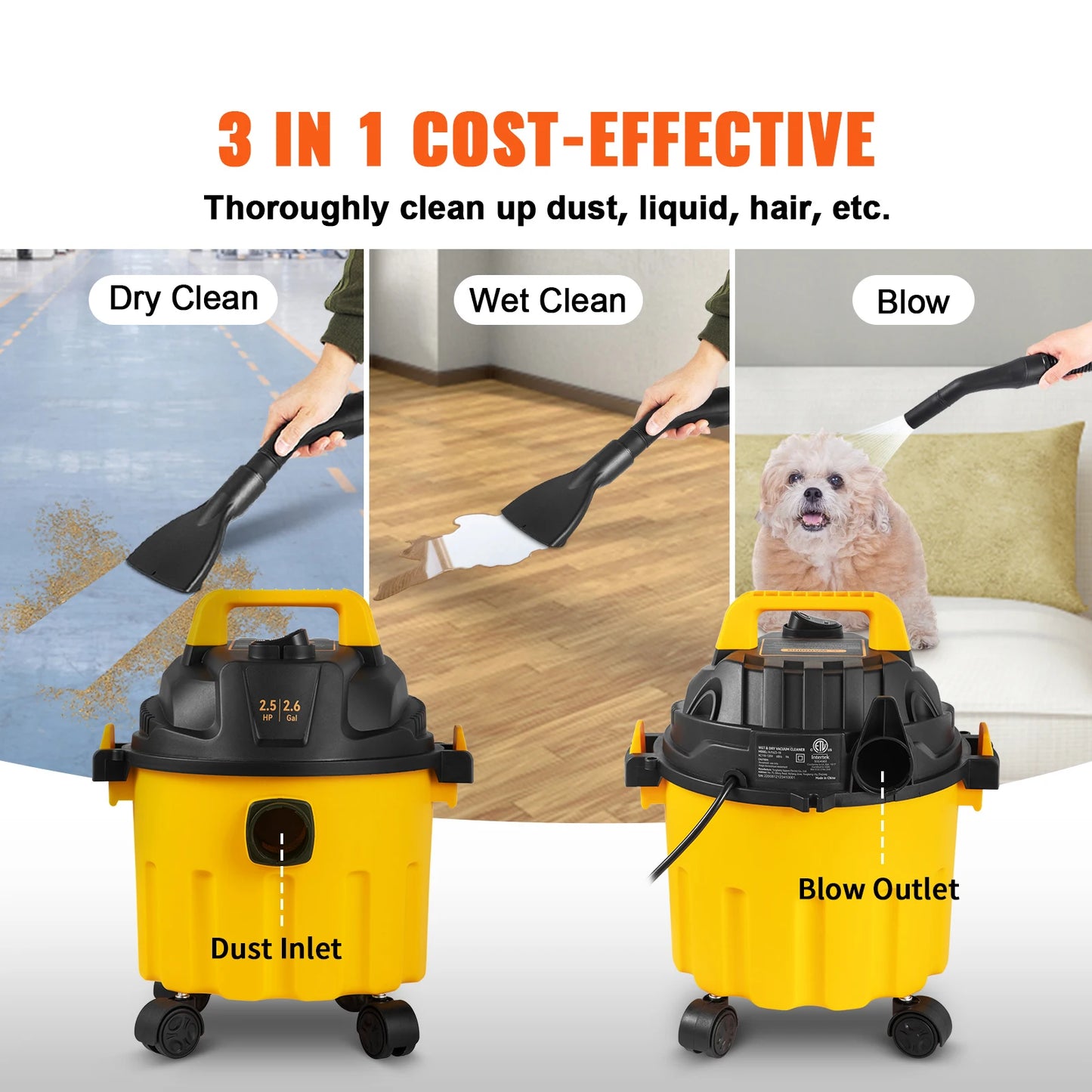 SucceBuy Wet Dry Vac 2.5 Peak HP 3-in-1 Shop Vacuum