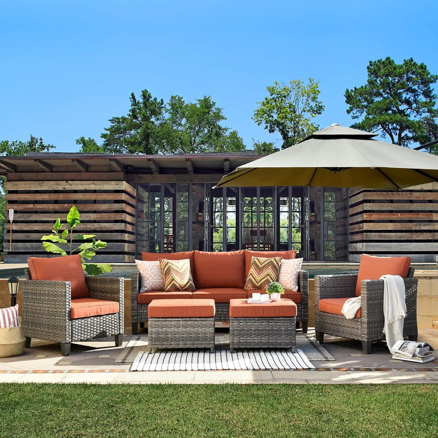 XIAOLANG Outdoor Patio Furniture Set Wicker Rattan Sofa Ottomans