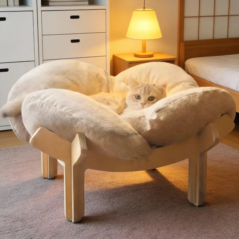 Wooden High Leg Cat Bed With Soft Cushion For Cats And Small Dogs