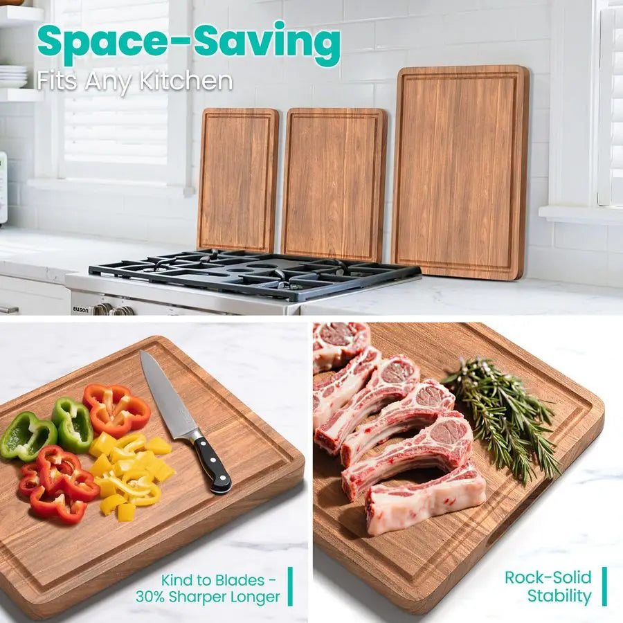 Bamboo Cutting Board Set 3 Piece With Juice Groove Handles