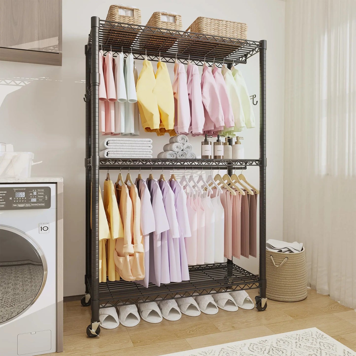 HiMISS 3 Tier Rolling Garment Rack Dual Rods With Wheels