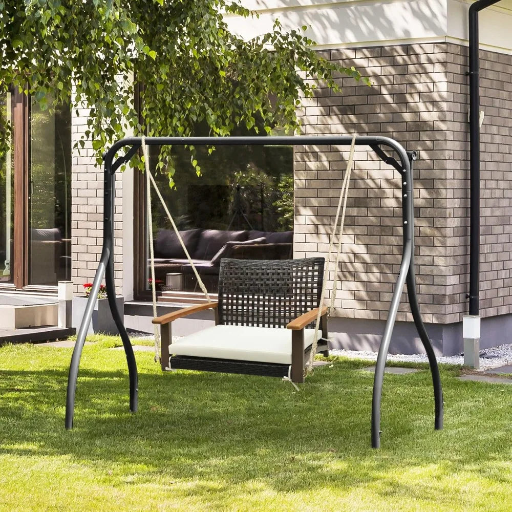 Rattan Porch Swing Chair With Cushion Acacia Wood Armrests Metal Frame Outdoor
