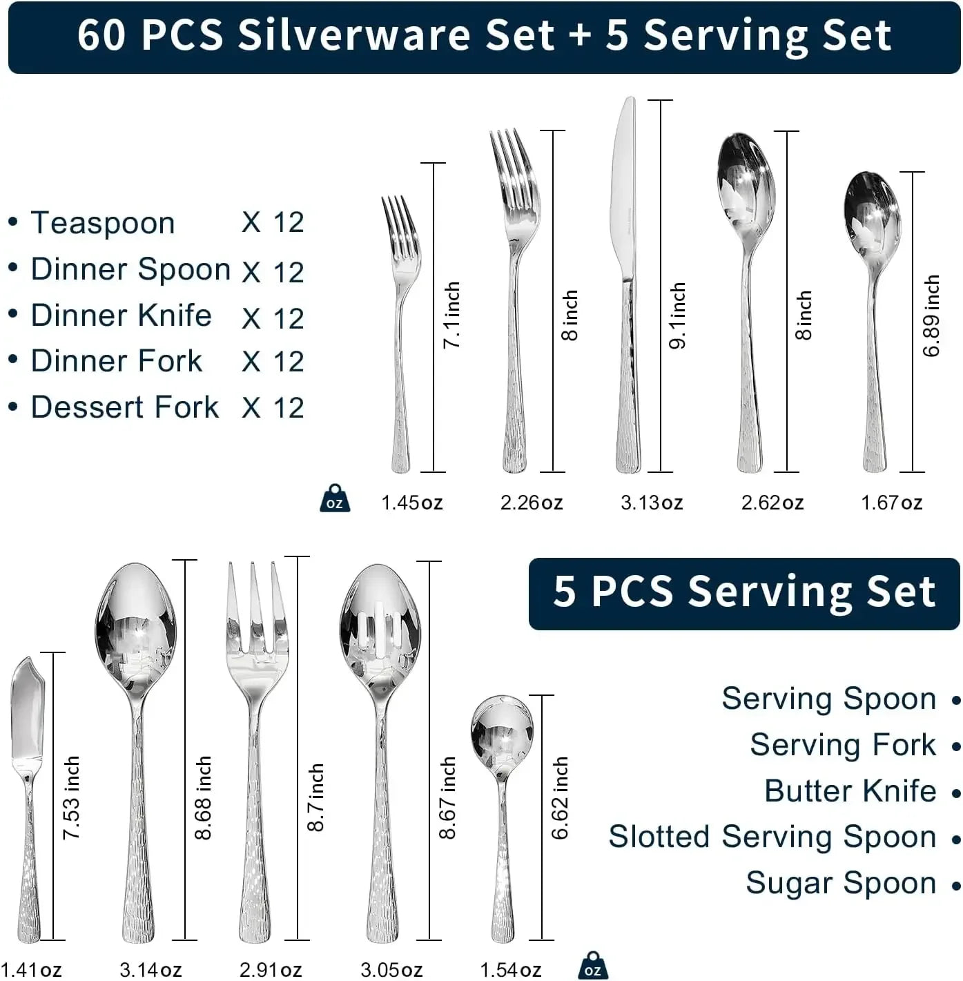 Hammered Silverware Set 18/10 Stainless Steel With Ripple Handles