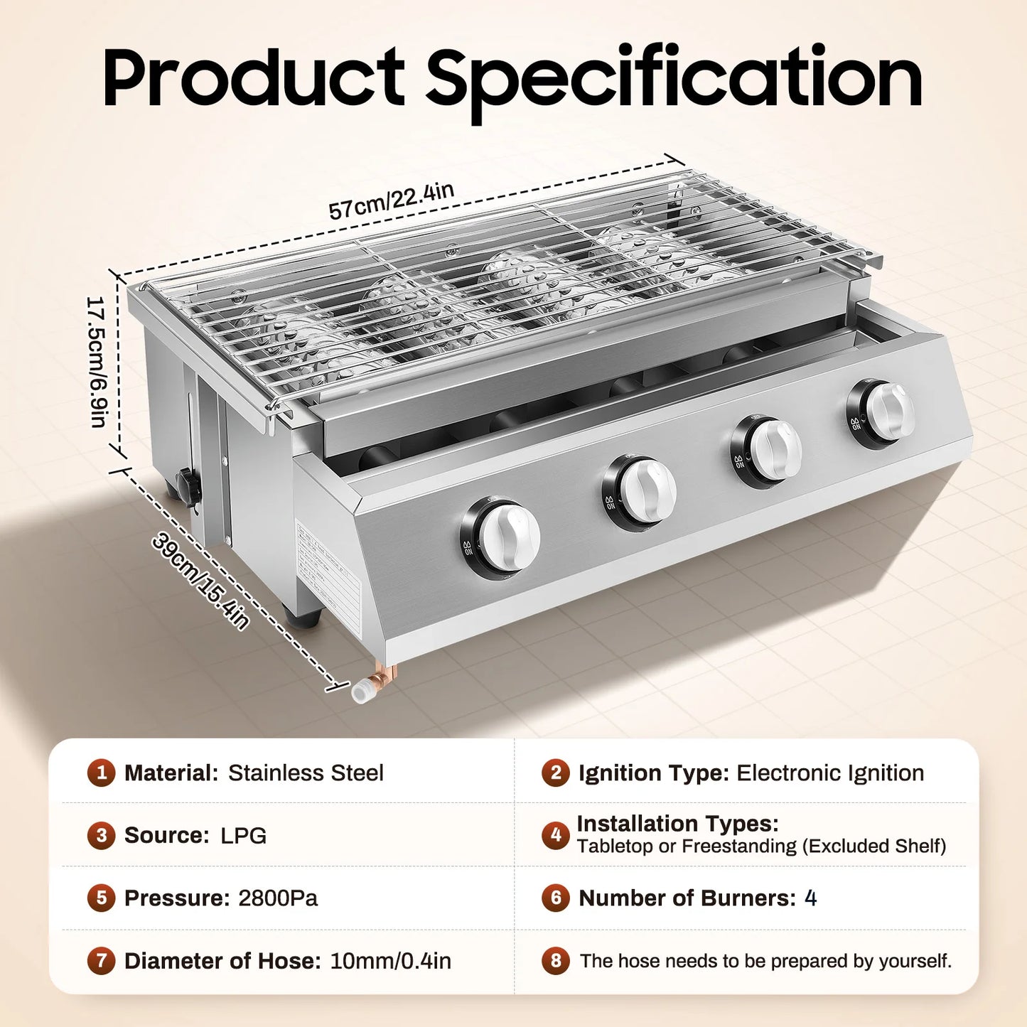 Four Burner Propane BBQ Grill Removable Smokeless Portable Outdoor Barbecue
