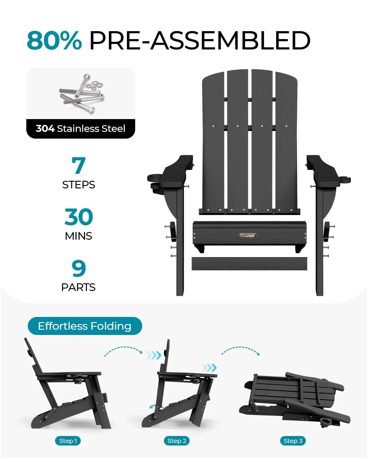 Folding Adirondack Chairs 4 Pack All Weather HDPE With Cupholders