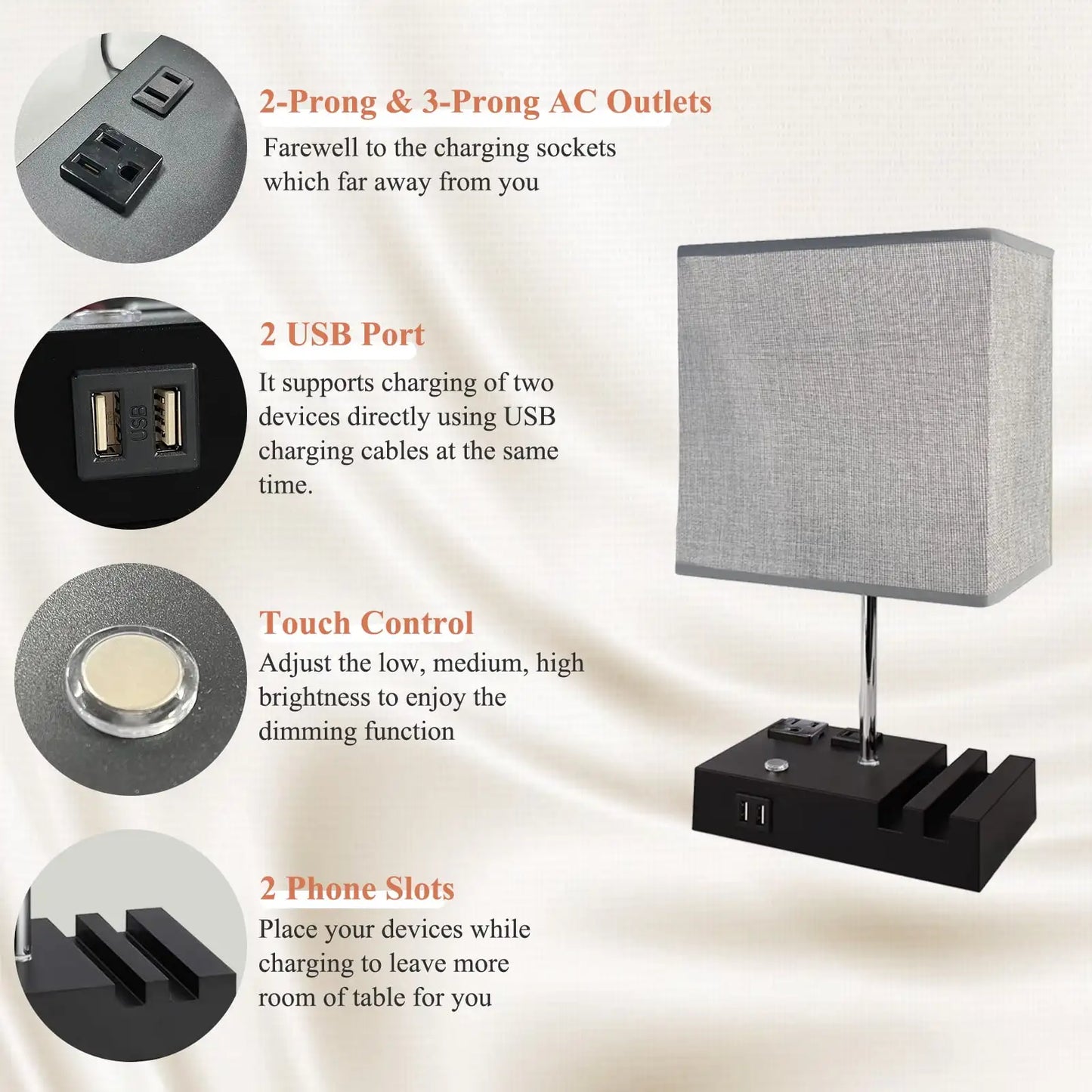 SZRSTH Dimmable Bedside Table Lamp With USB Charging Ports