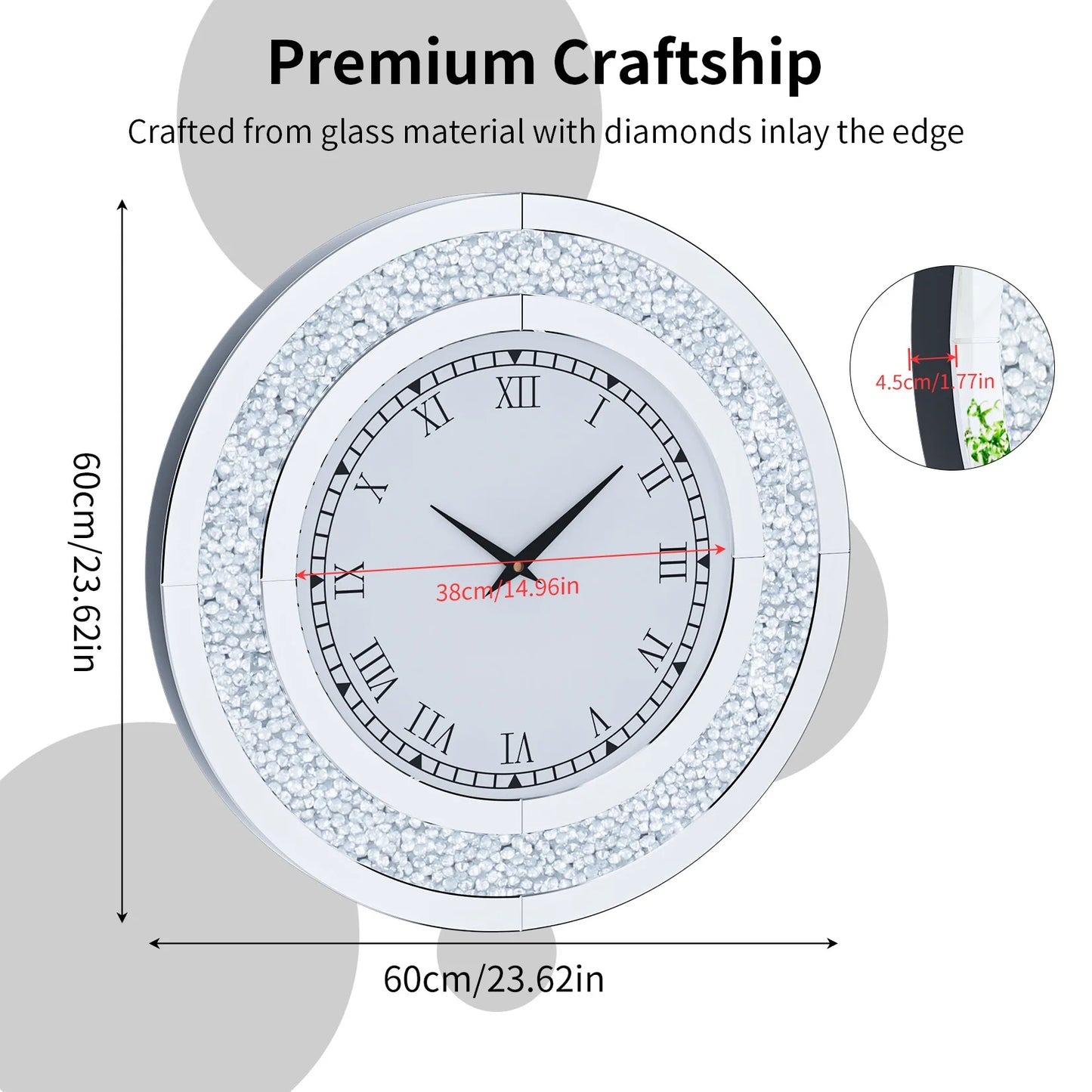 Round Mirror Clock With Crystal Sparkle Mirrored Wall Decoration