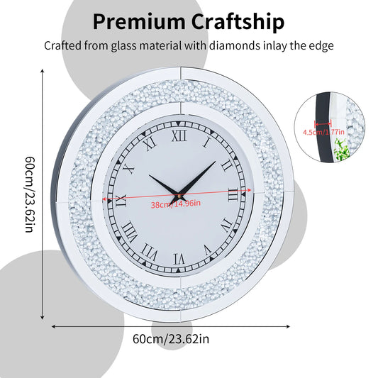 Round Mirror Clock With Crystal Sparkle Mirrored Wall Decoration