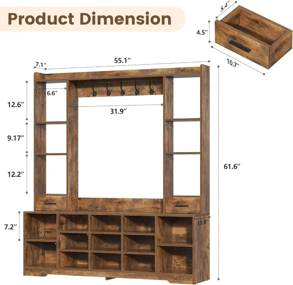 Hall Tree With Bench And Shoe Storage Organizer For Entryway
