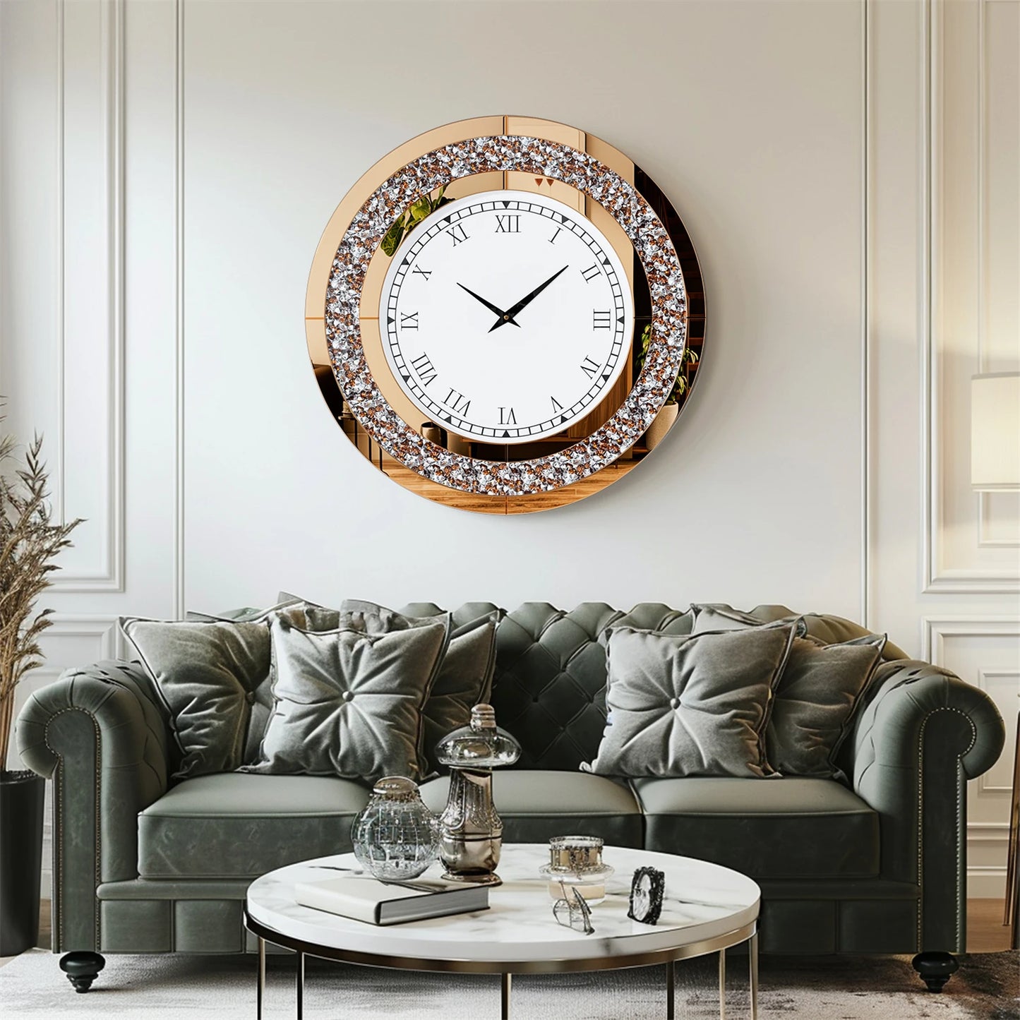 Round Mirror Clock With Crystal Sparkle Mirrored Wall Decoration