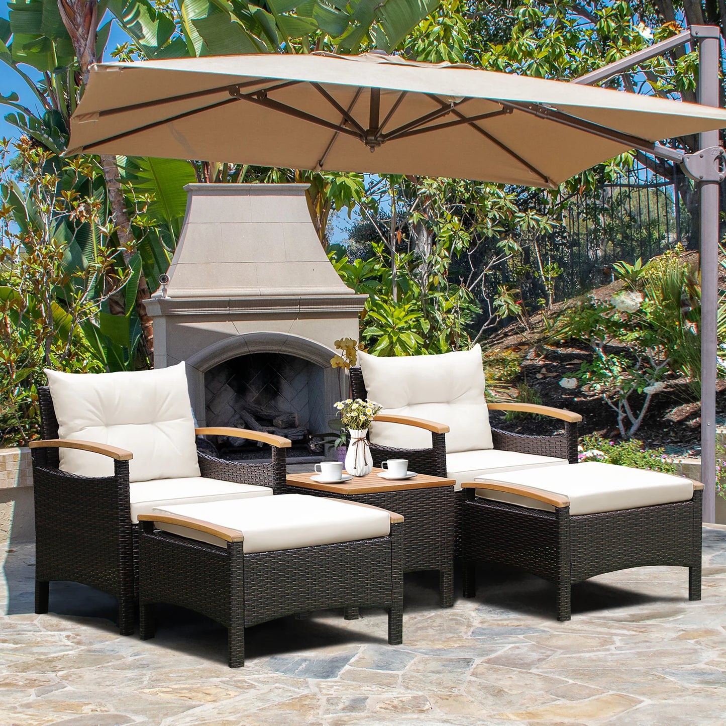 HOMASIS 5-Piece Patio Rattan Furniture Set With Cushioned Sofas And Table