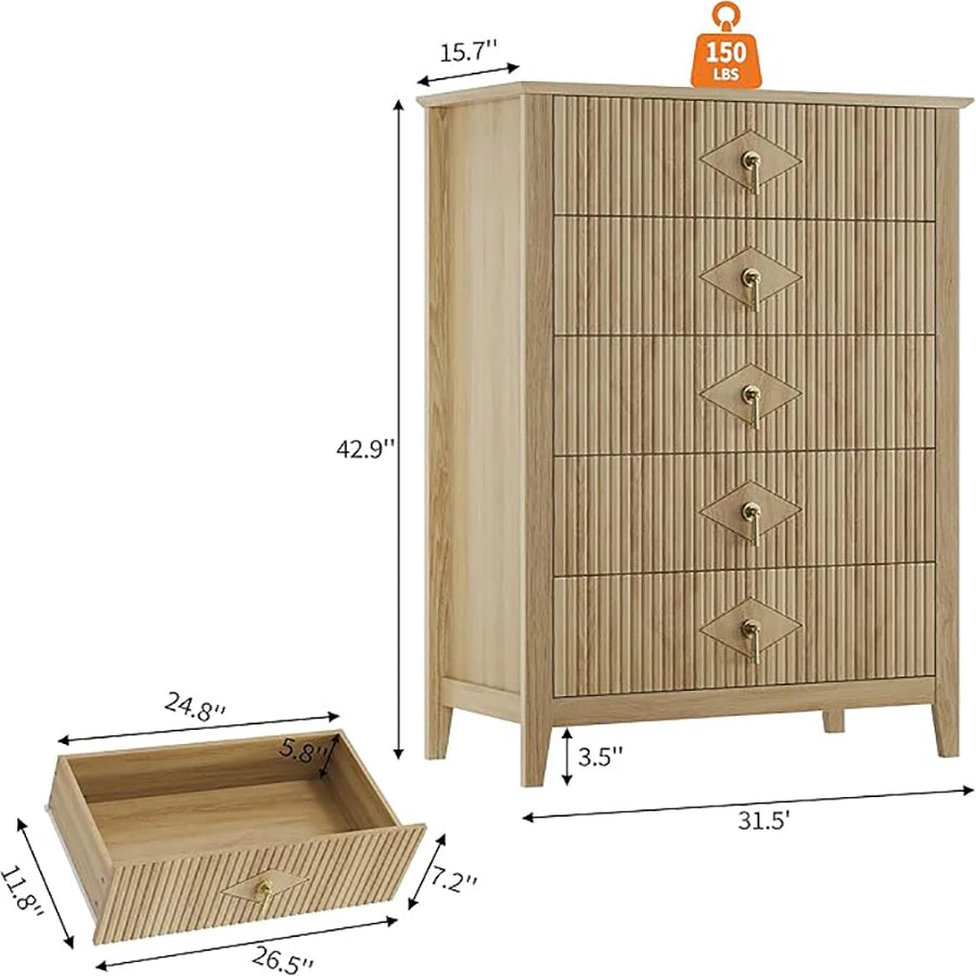 HiMISS Fluted Five Drawer Dresser Modern Wood Chest