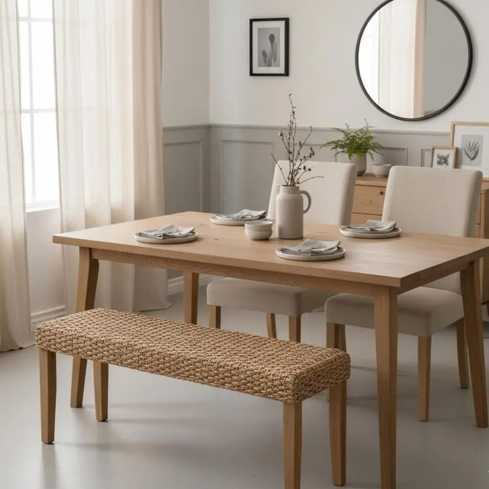 Indoor Wicker Bench With Solid Wood Frame Boho Style