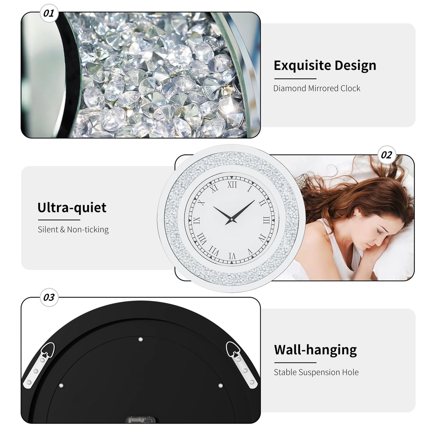 Round Mirror Clock With Crystal Sparkle Mirrored Wall Decoration