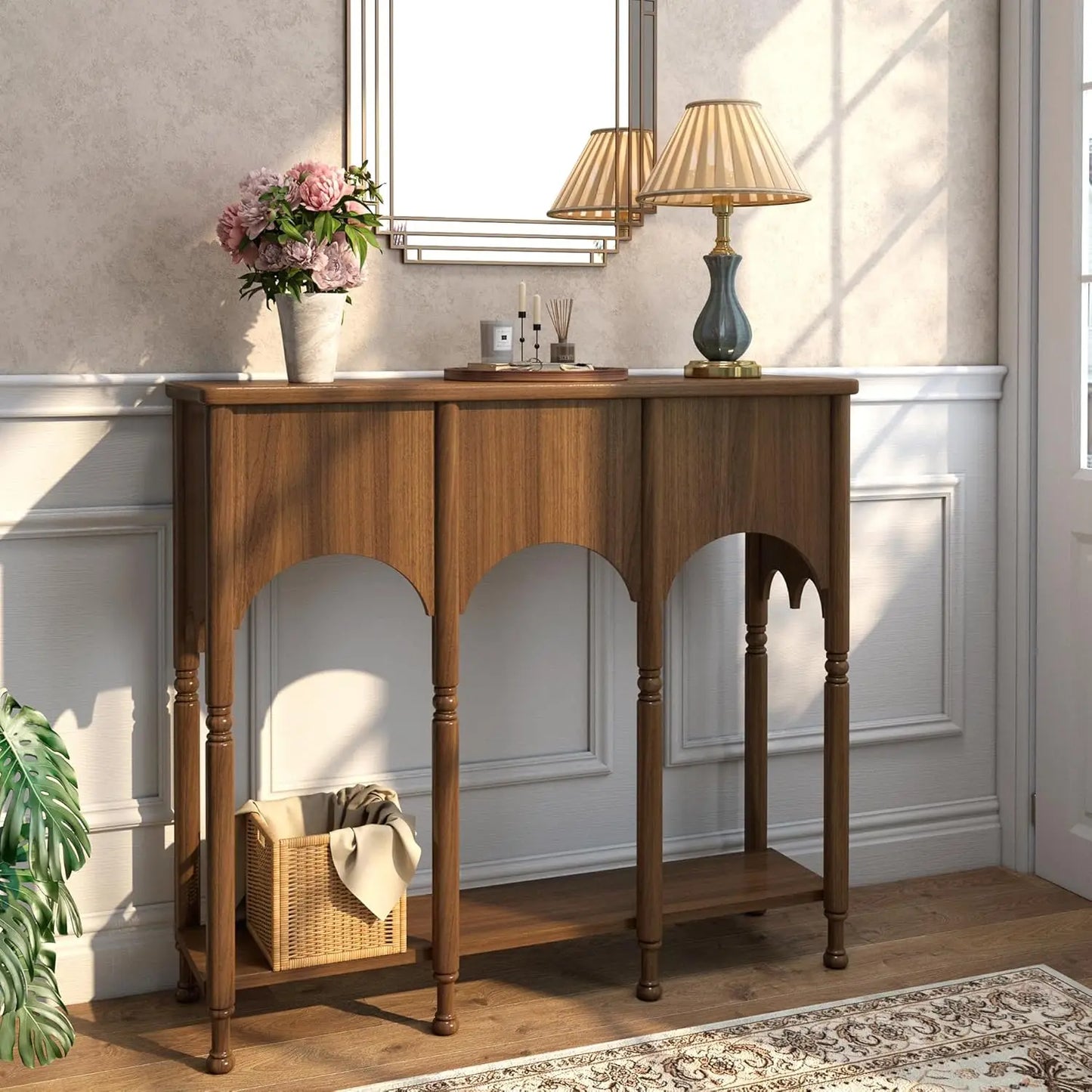 Wooden Console Table With Storage Shelf And Roman Legs