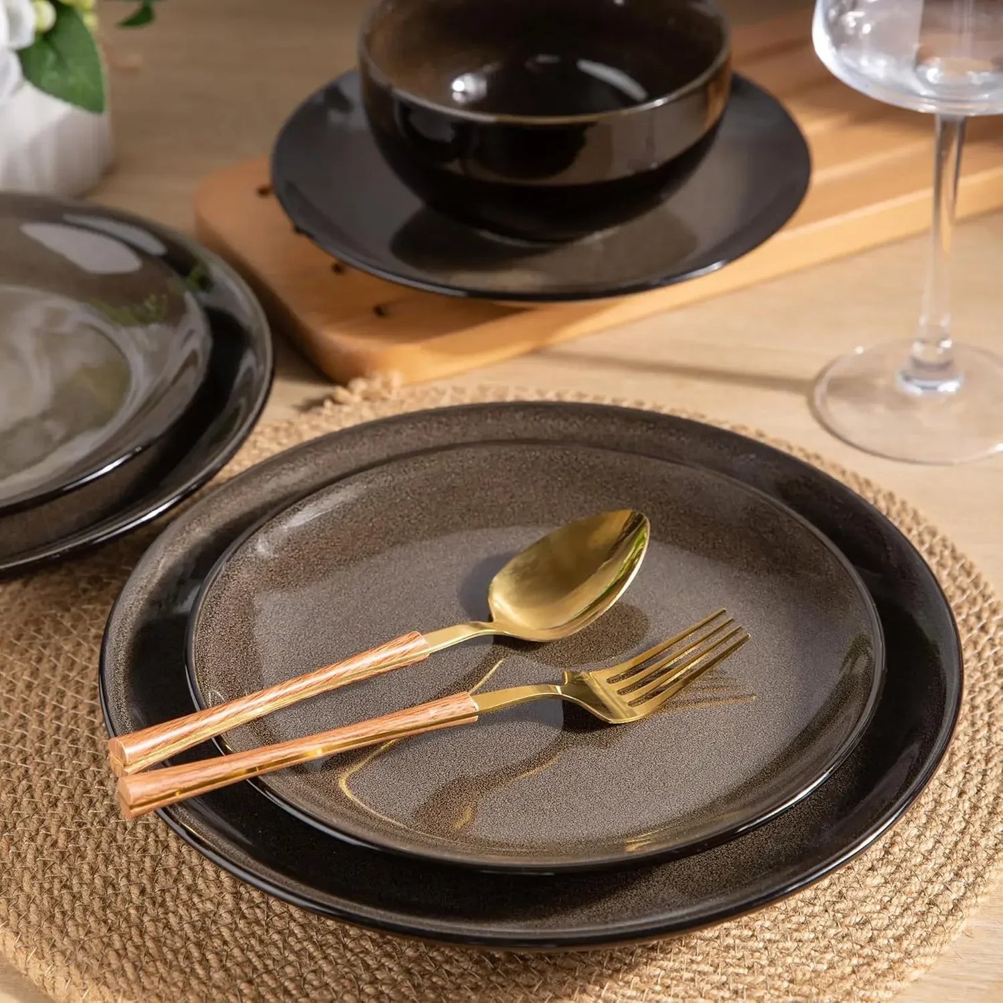 Ceramic Dinnerware Set For Eight With Stoneware Plates And Bowls
