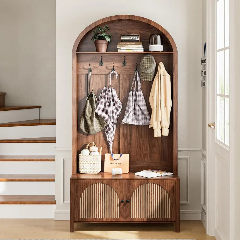 Hall Tree With Bench Coat Rack 7 Hooks Adjustable Shelves
