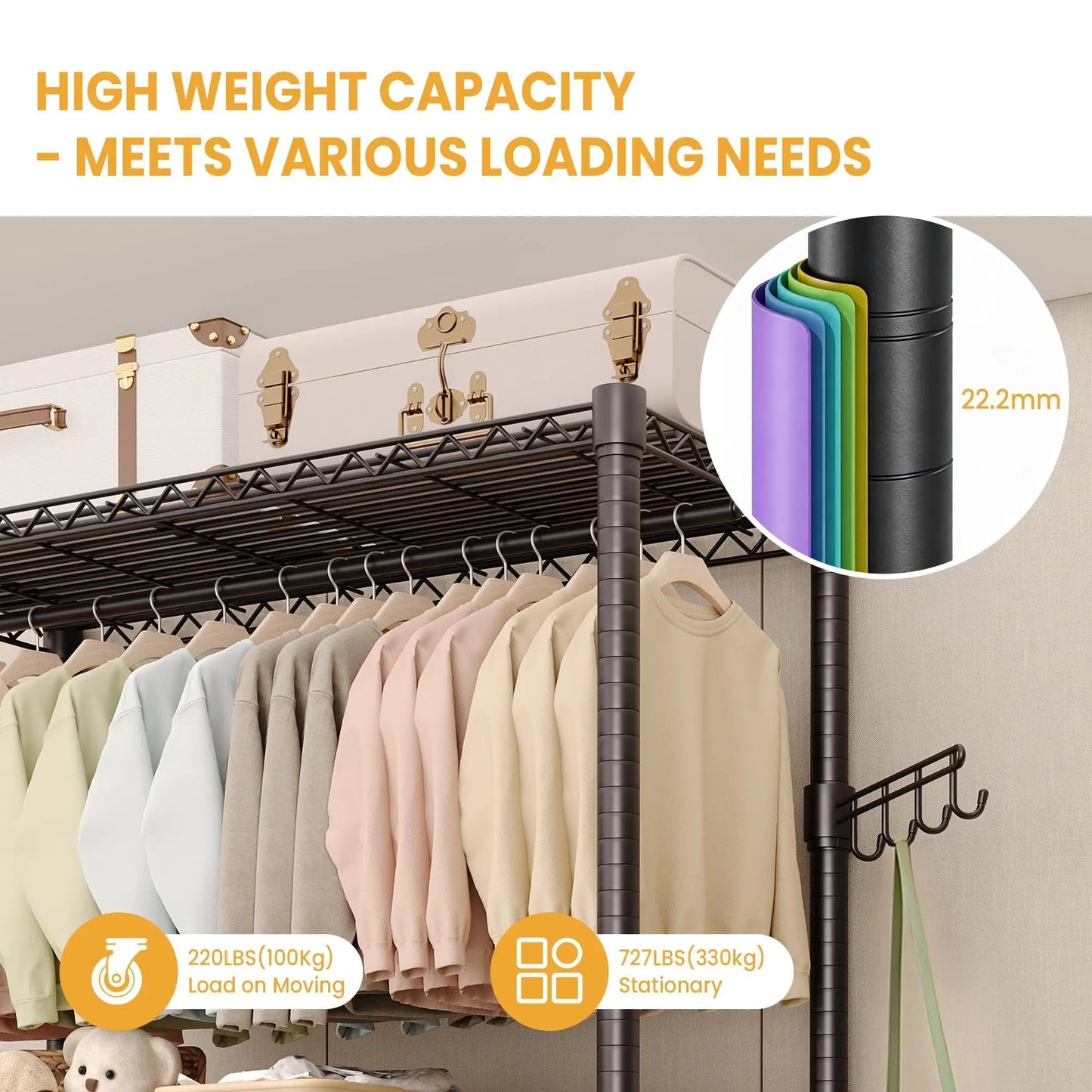 HiMISS 3 Tier Rolling Garment Rack Dual Rods With Wheels