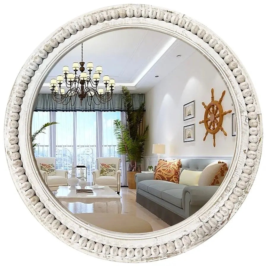 Round Beaded Wood Wall Mirror for Living Room and Entryway
