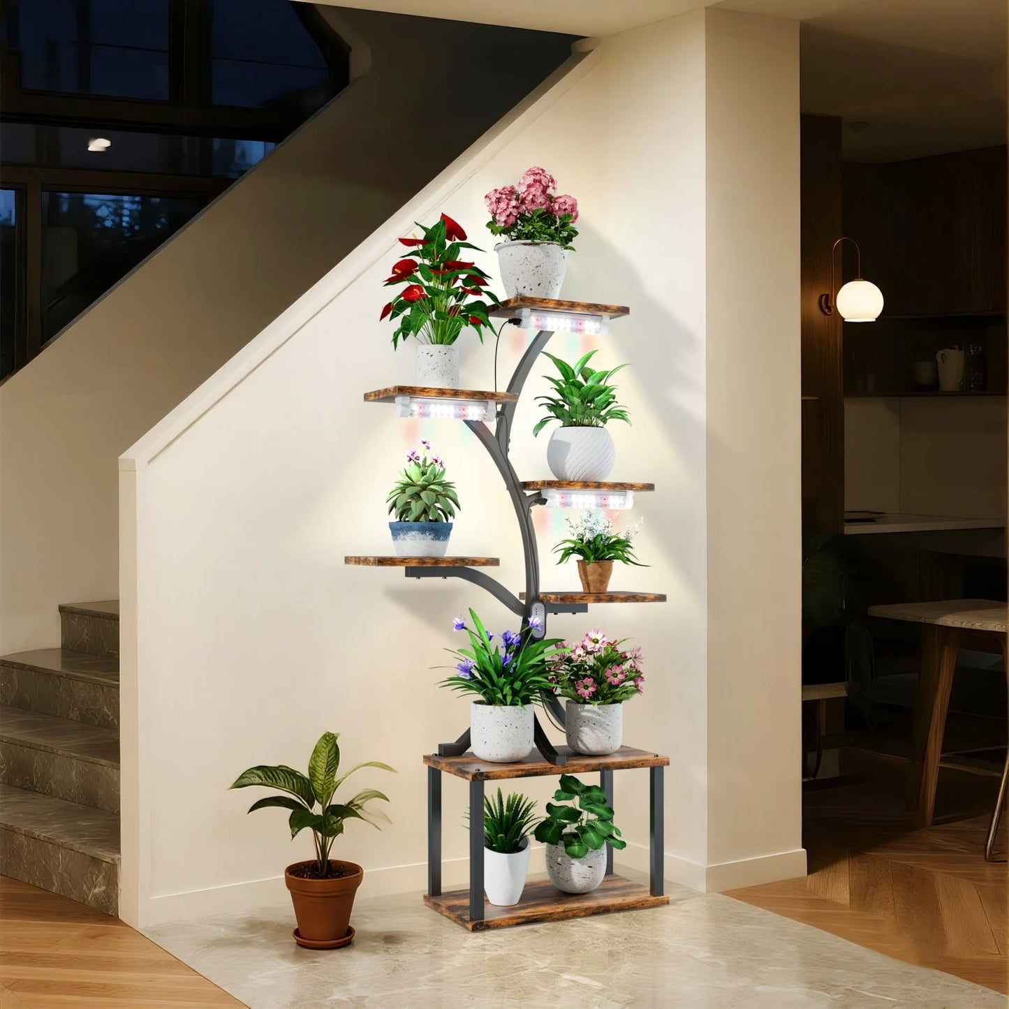 Metal 7-Tier Tree Shaped Plant Stand With Lights Indoor Outdoor