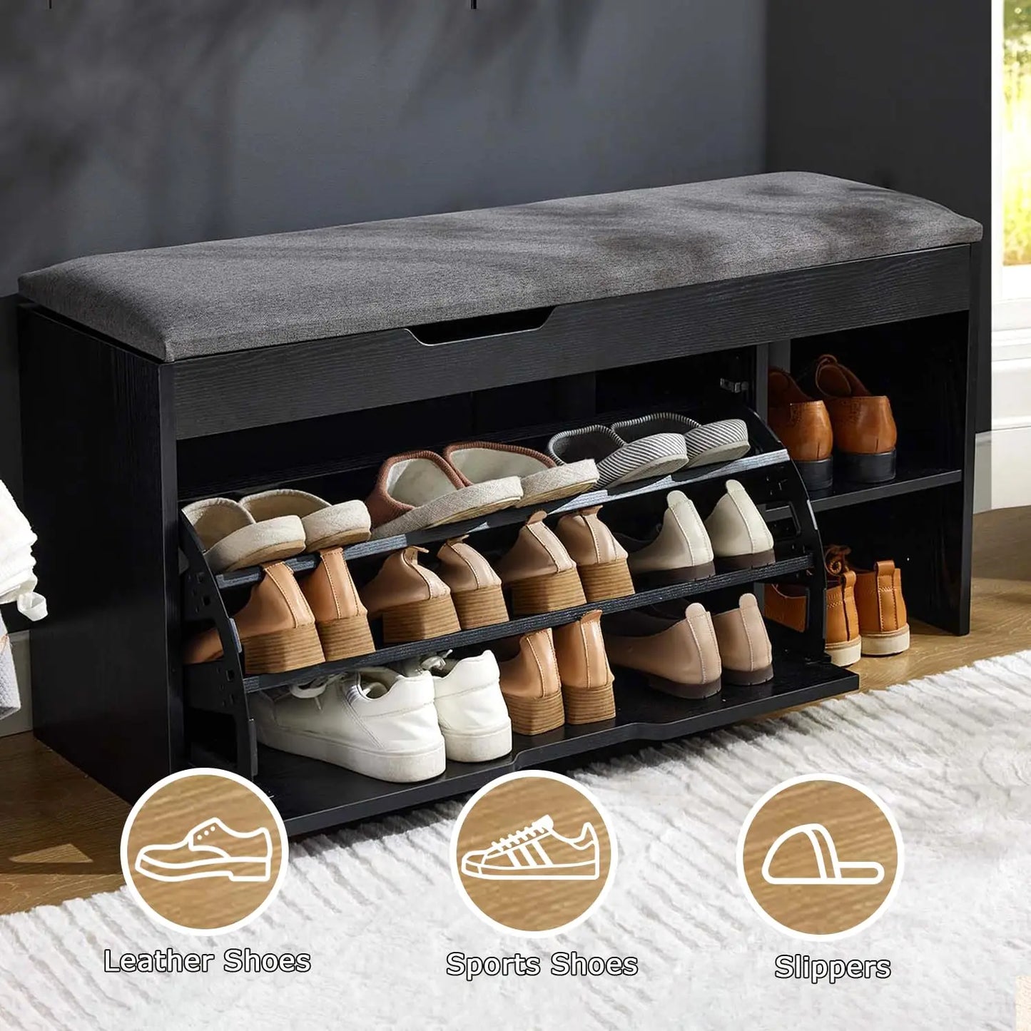 Entryway Shoe Storage Bench With Flip Drawers And Lift Top