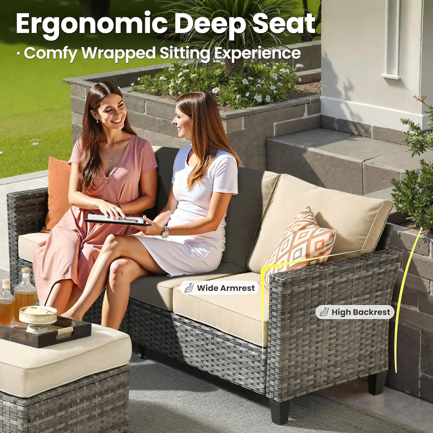 XIAOLANG Outdoor Patio Furniture Set Wicker Rattan Sofa Ottomans