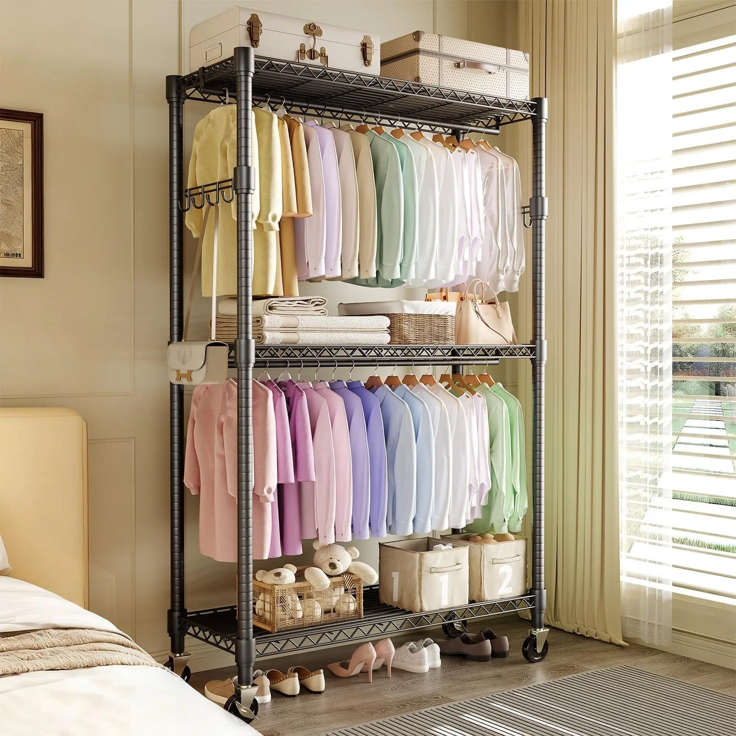 HiMISS 3 Tier Rolling Garment Rack Dual Rods With Wheels