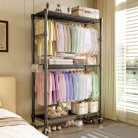 HiMISS 3 Tier Rolling Garment Rack Dual Rods With Wheels