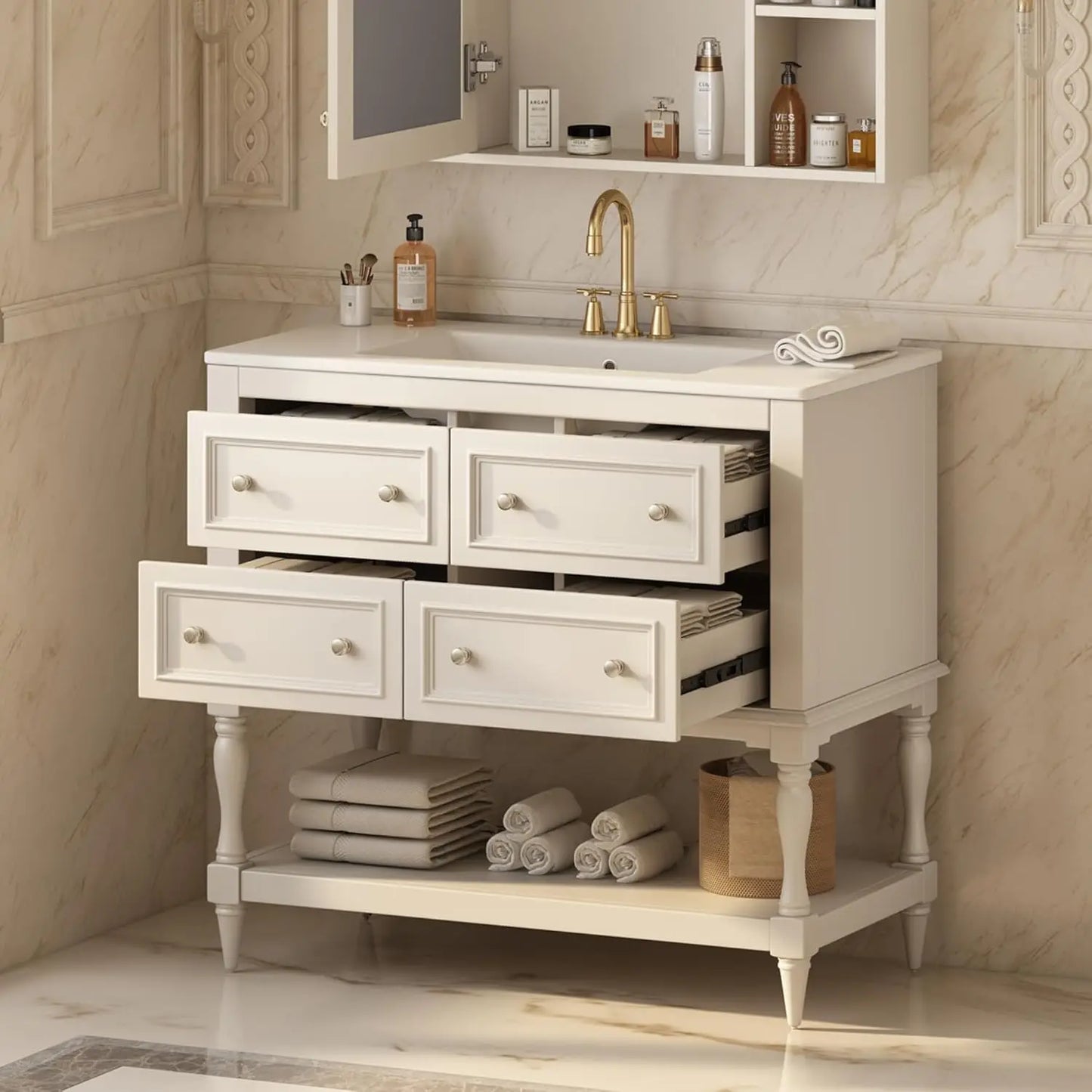 Farmhouse Bathroom Vanity With Sink Four Drawers And Open Shelf