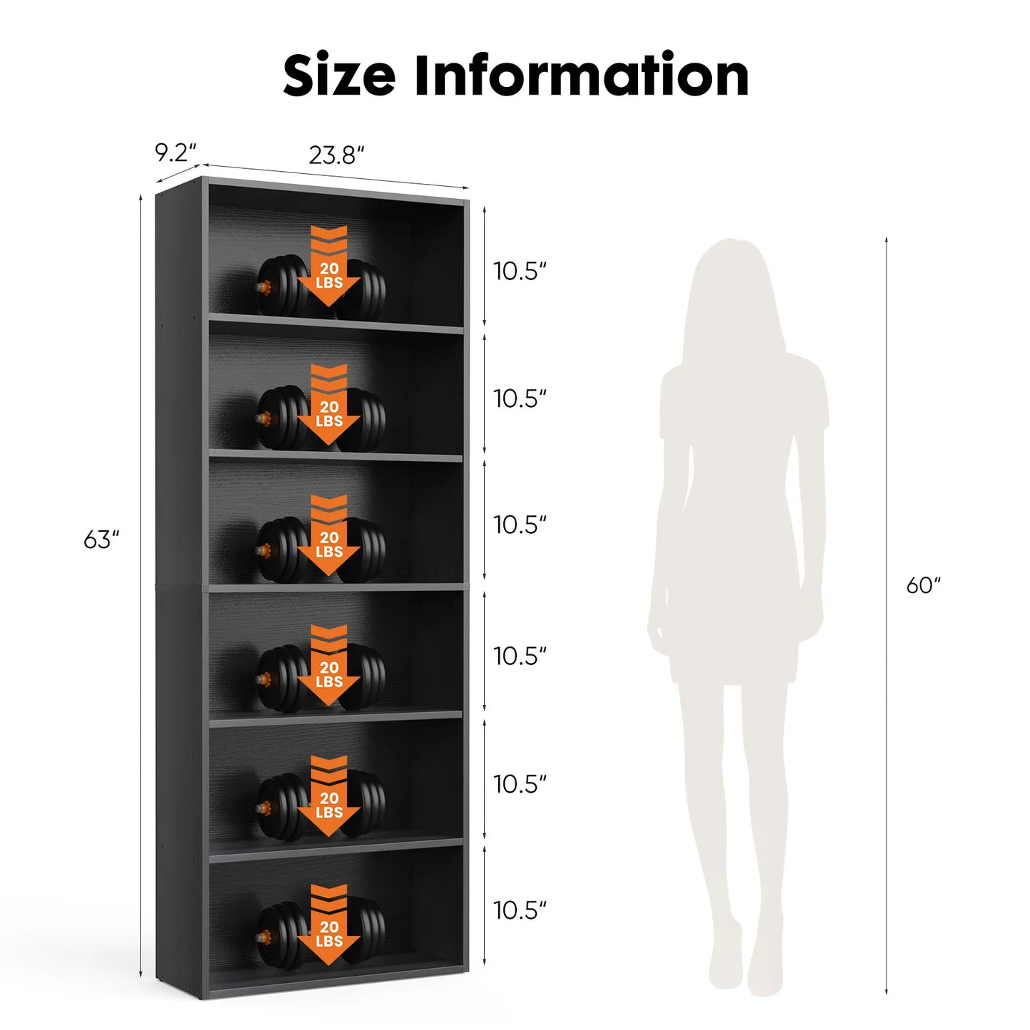 JHK 6-Tier Wooden Bookshelf Floor Standing For Living Room