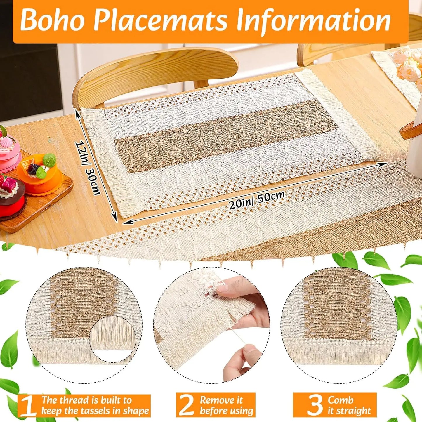 Boho Placemats Set With Napkins And Wood Bead Rings