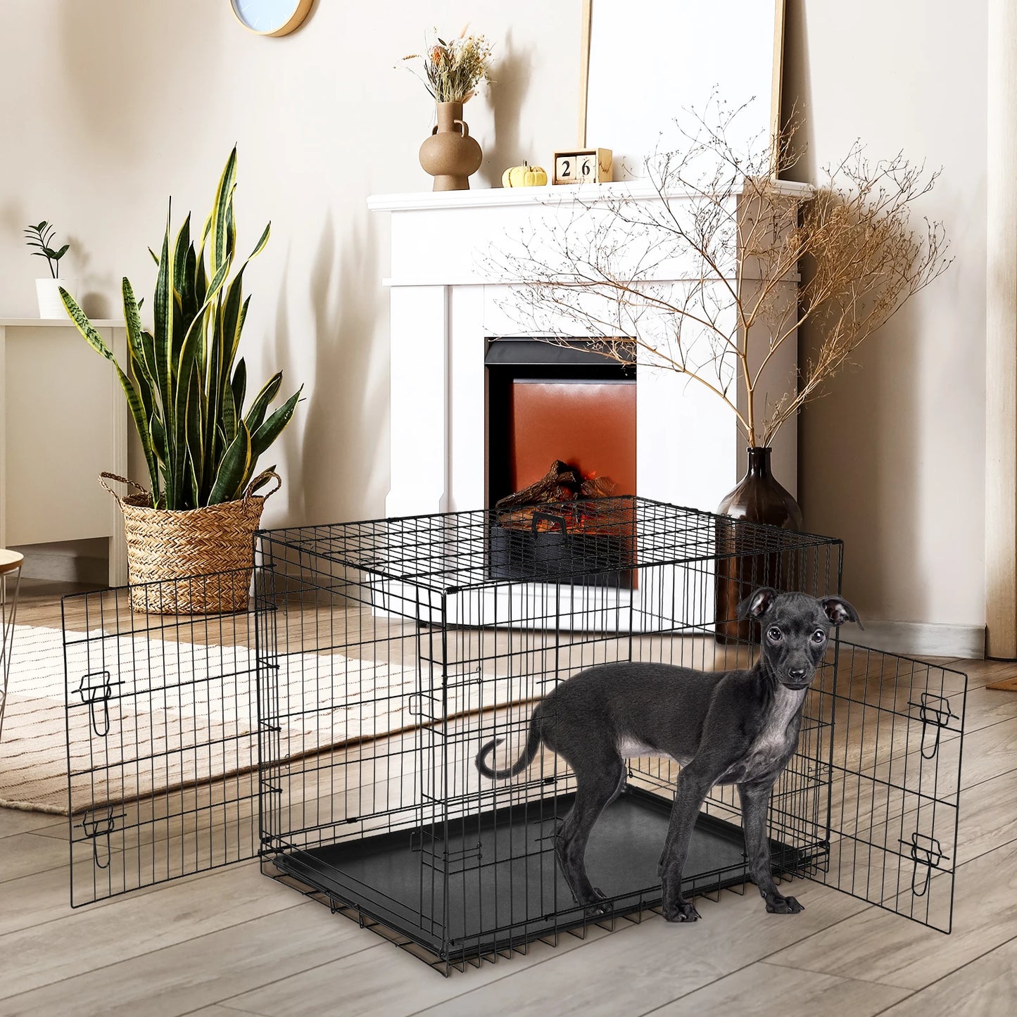 JHK Double Door Folding Metal Wire Dog Cage Pan Tray