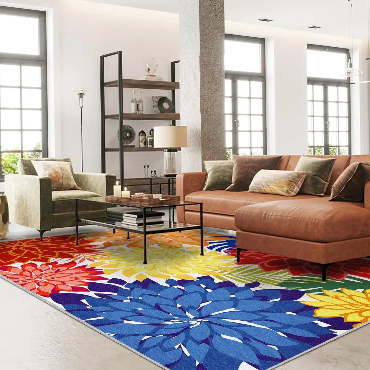 Outdoor Washable Rug With Floral Pattern Non Slip Backing
