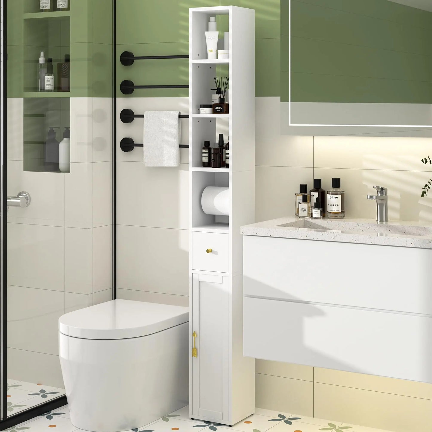 XIUWO Narrow Bathroom Storage Cabinet With Toilet Paper Holder