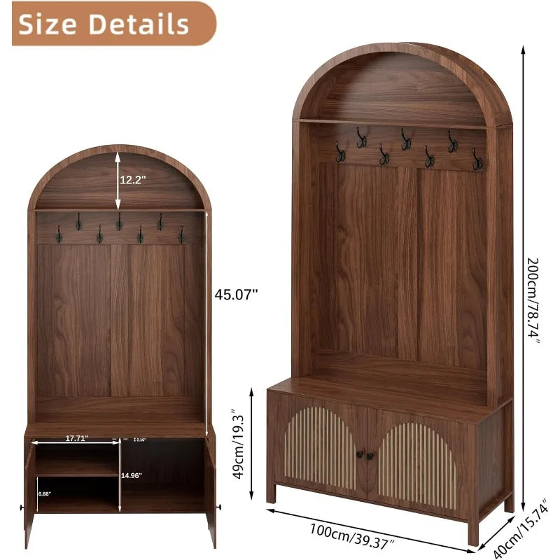 Hall Tree With Bench Coat Rack 7 Hooks Adjustable Shelves