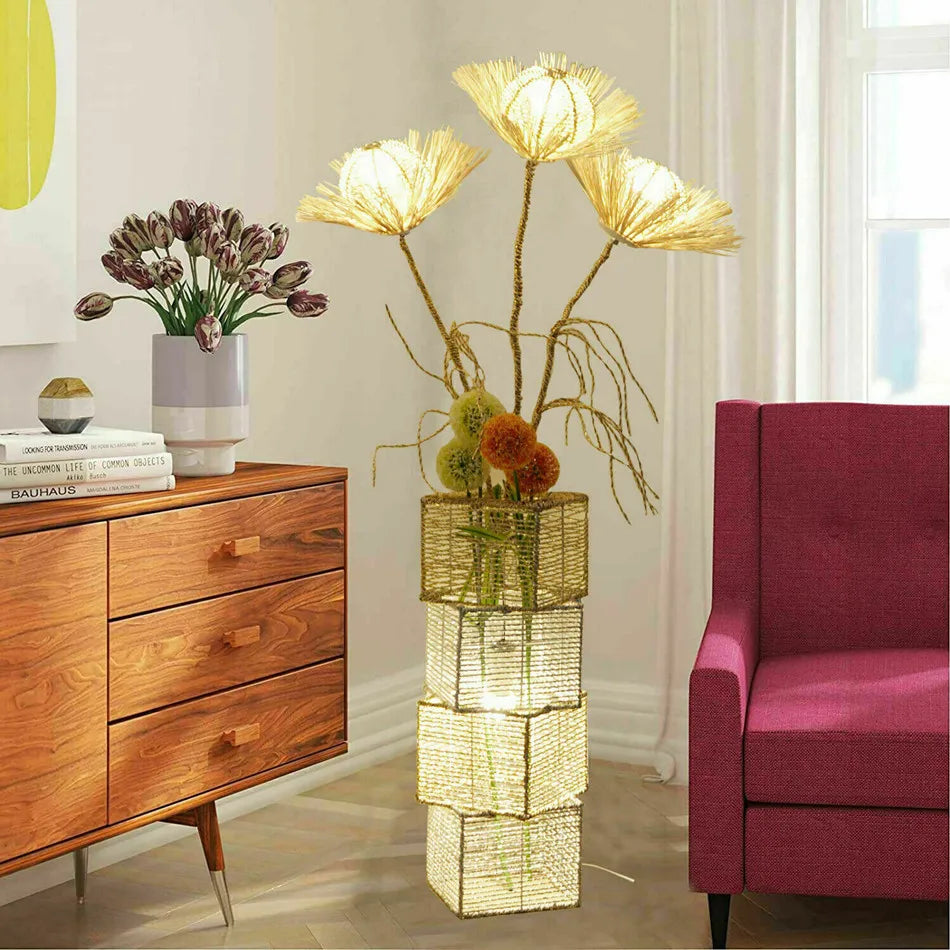 Modern Decorative Rattan Floor Lamp With LED Tree Lantern