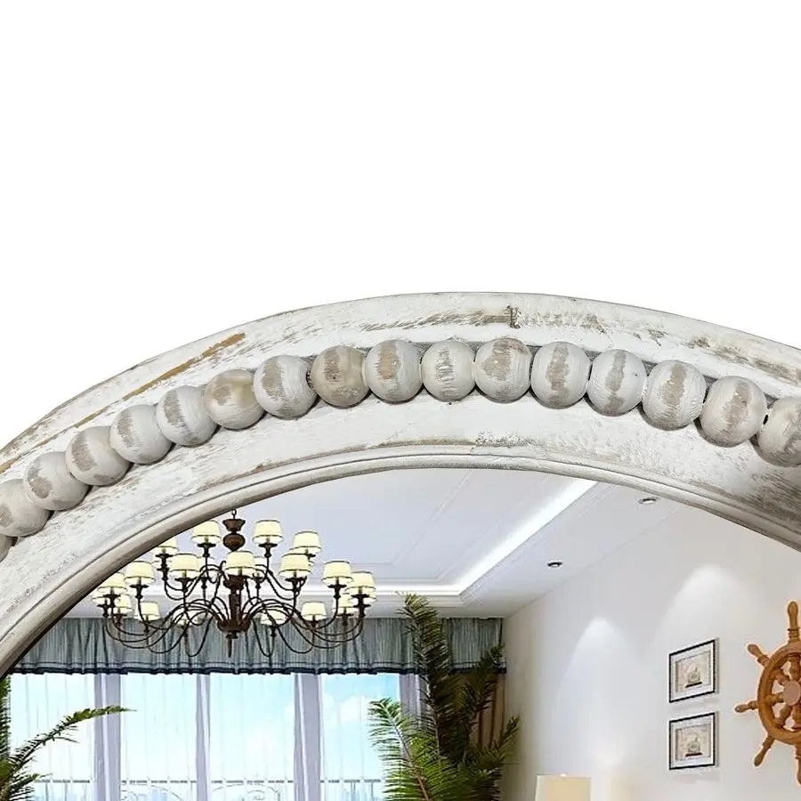 Round Beaded Wood Wall Mirror for Living Room and Entryway