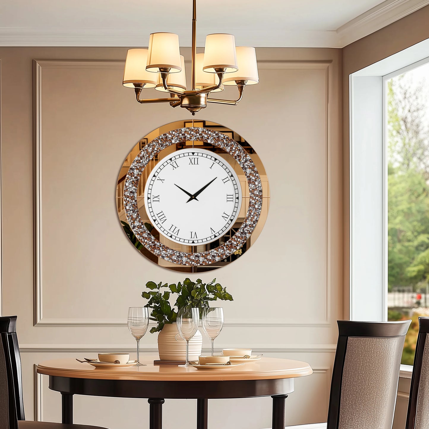 Round Mirror Clock With Crystal Sparkle Mirrored Wall Decoration