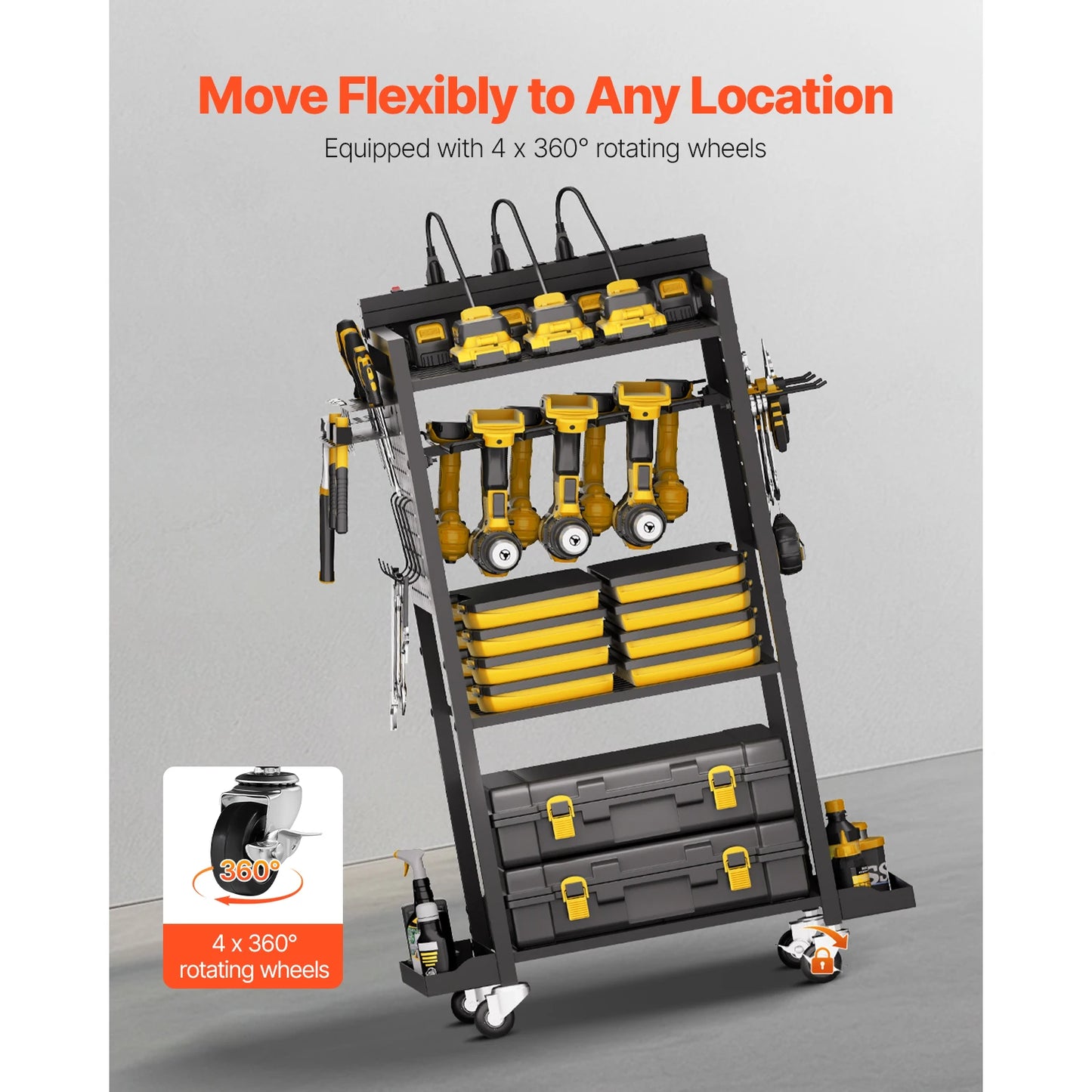 4-Tier Tool Organizer Cart With Charging Station And Outlets