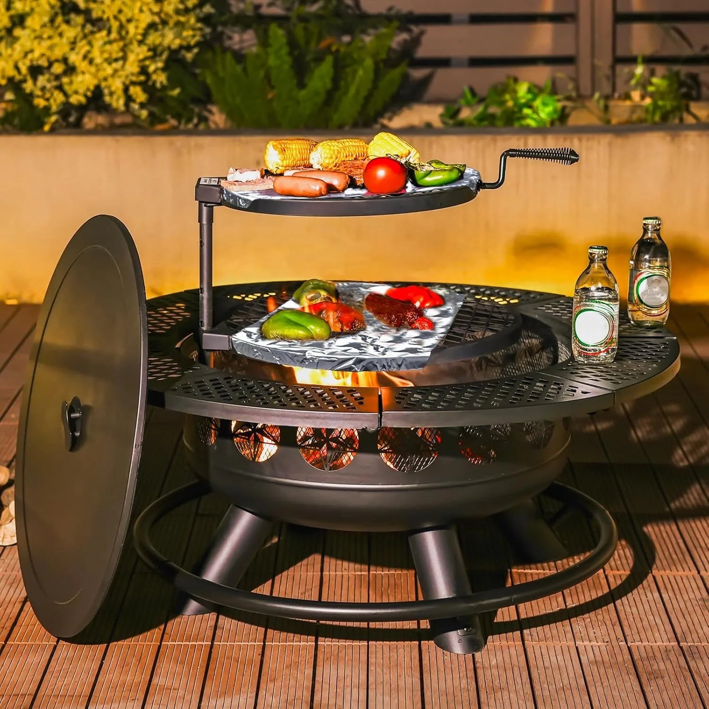3 In 1 Outdoor Wood Burning Fire Pit With Grills And Lid For Backyard Barbecue