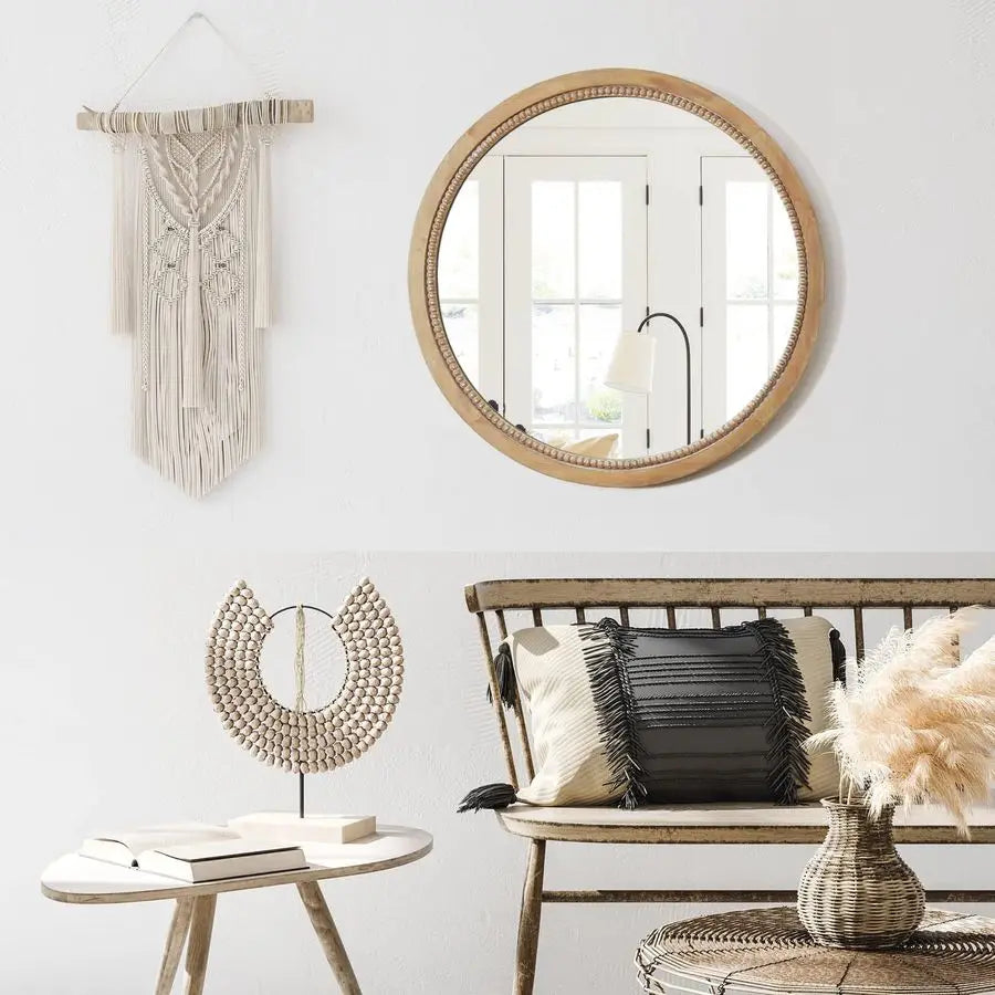 Round Wood Mirror Circle Rustic Farmhouse Natural Wooden Frame Boho