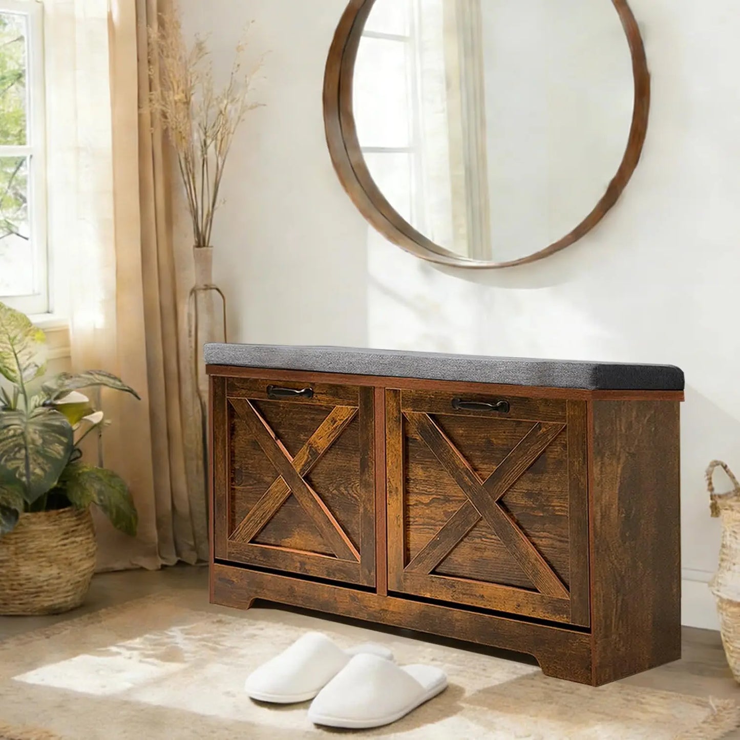 Entryway Shoe Storage Bench With Flip Drawers And Lift Top