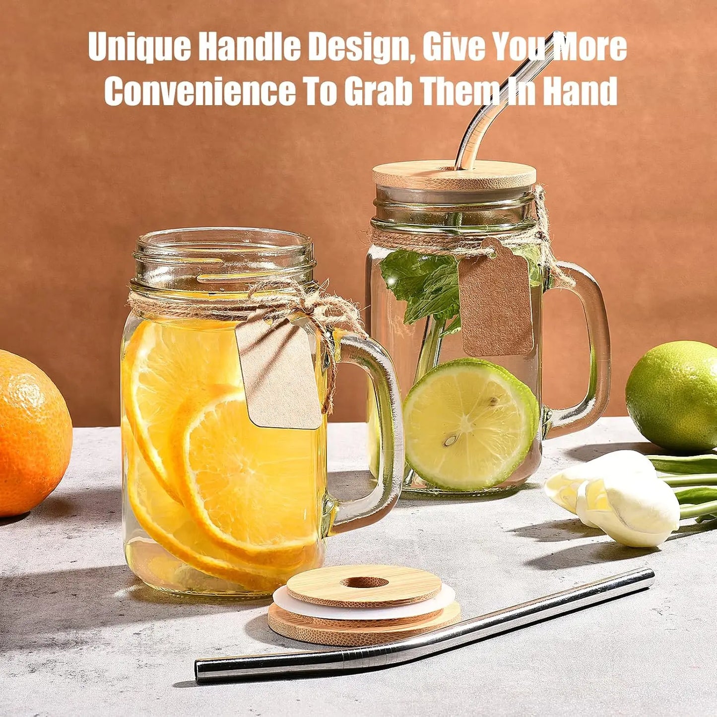 Mason Jars With Handle Glass Cups With Lids And Straws Set Of 12