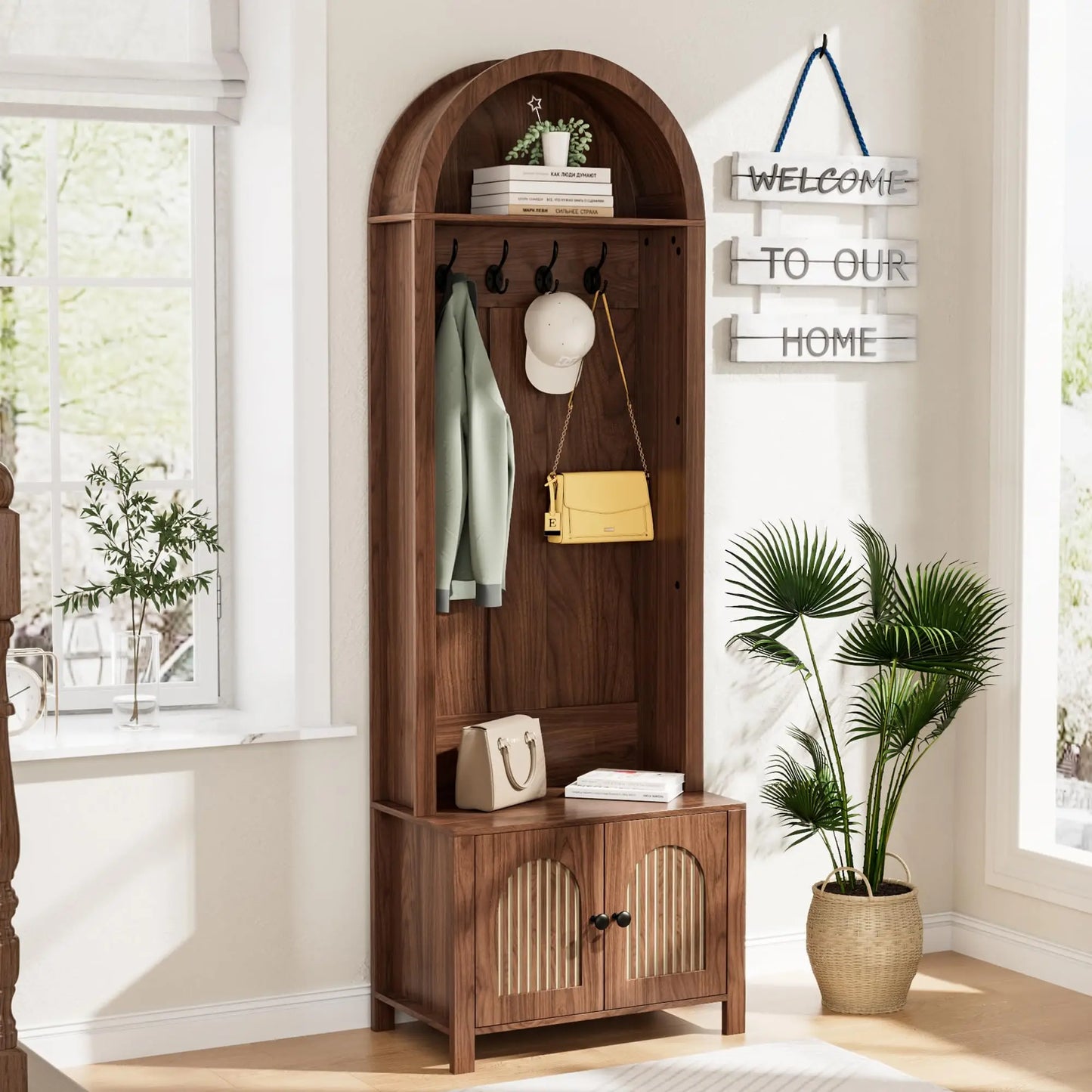 Hall Tree With Bench Coat Rack 7 Hooks Adjustable Shelves