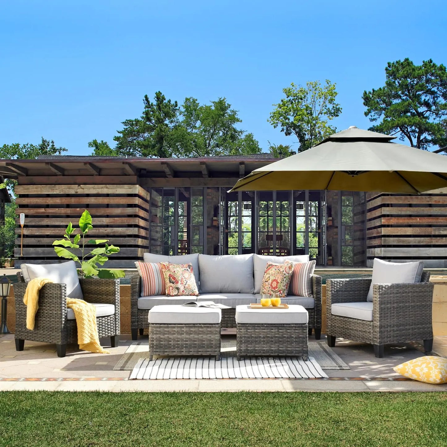 XIAOLANG Outdoor Patio Furniture Set Wicker Rattan Sofa Ottomans